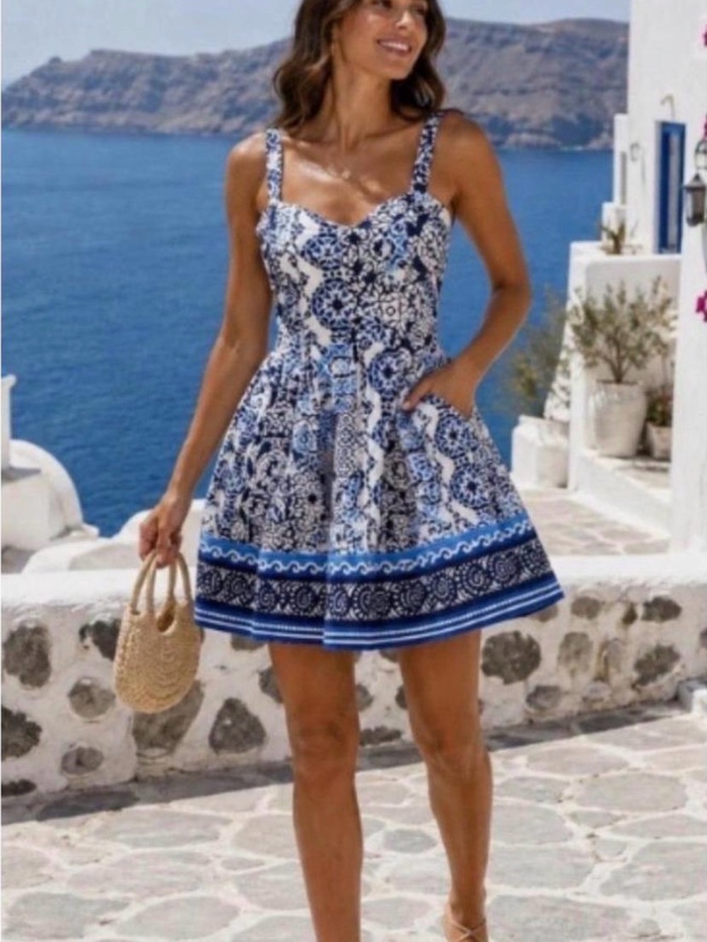 Avec Les Filles Blue/White Mosaic Tile Print Fit & Flare Mini Dress (Size 4)